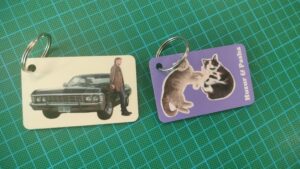 Foto van 2 sleutelhangers, 1 met een auto, en 1 met katten.